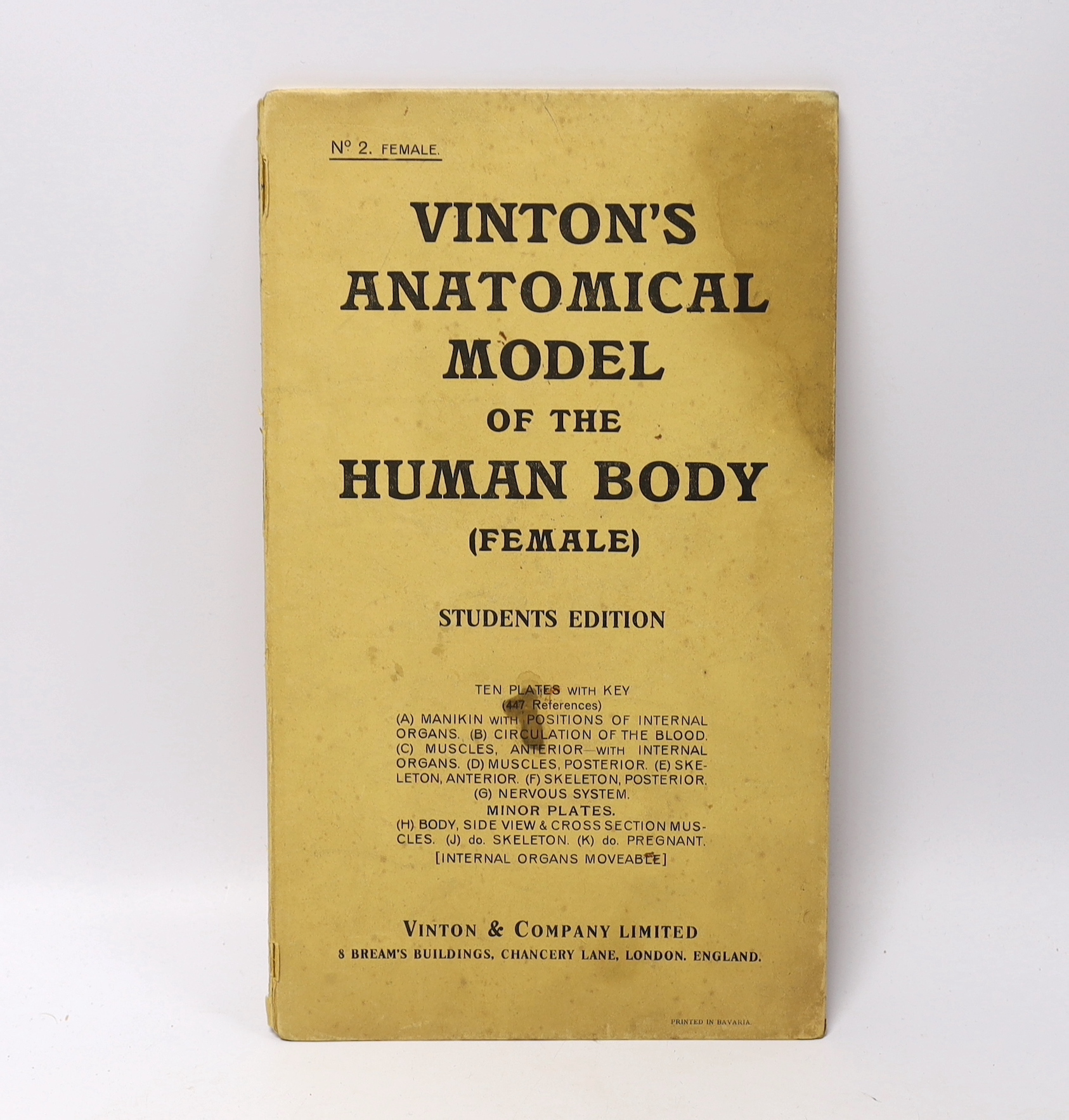 A Vinton's Anatomical Model of the Human Body (Female anatomy), printed in Bavaria by Vinson & Co. Ltd. circa 1910, with coloured fold-out plates, 19.5cm x 33cm